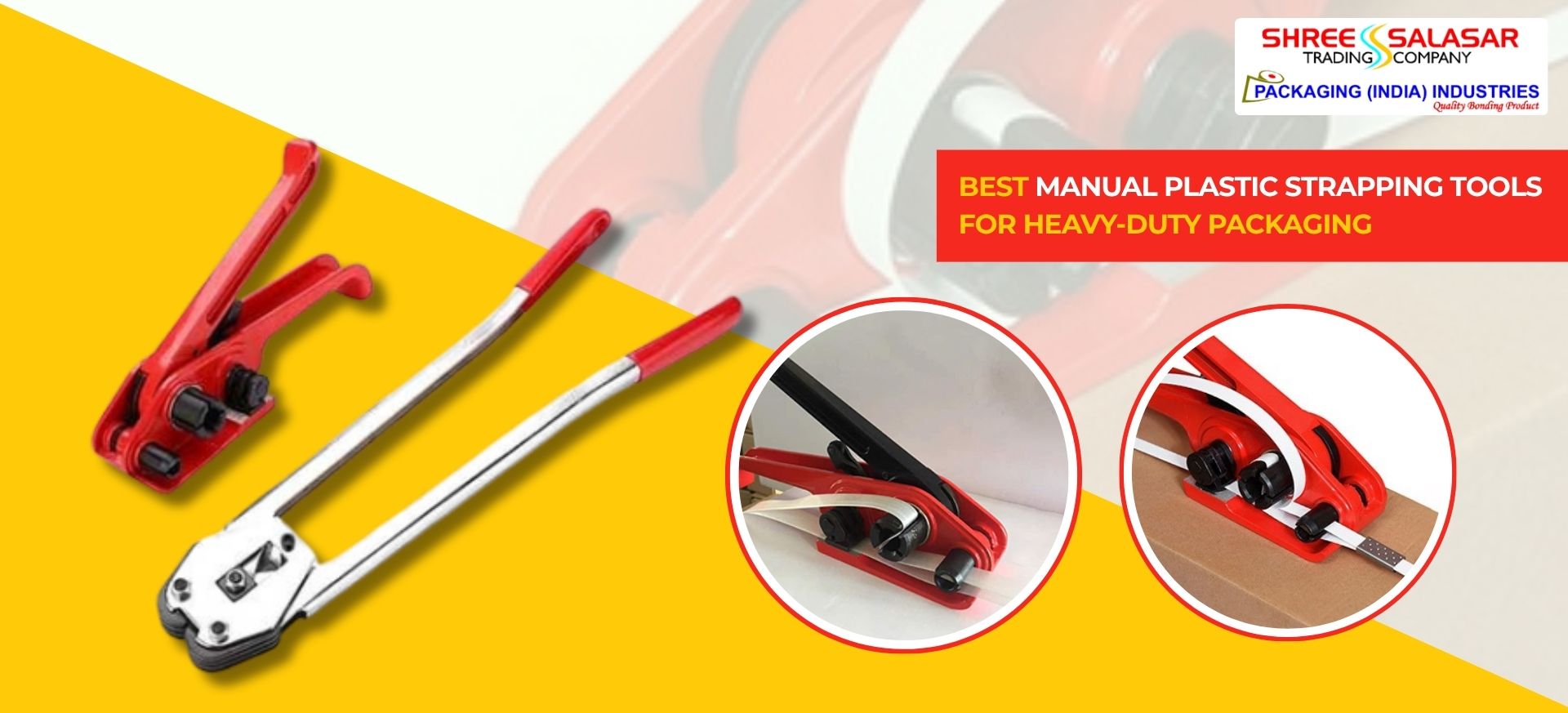 Manual plastic strapping tool used for heavy-duty packaging and securing industrial loads