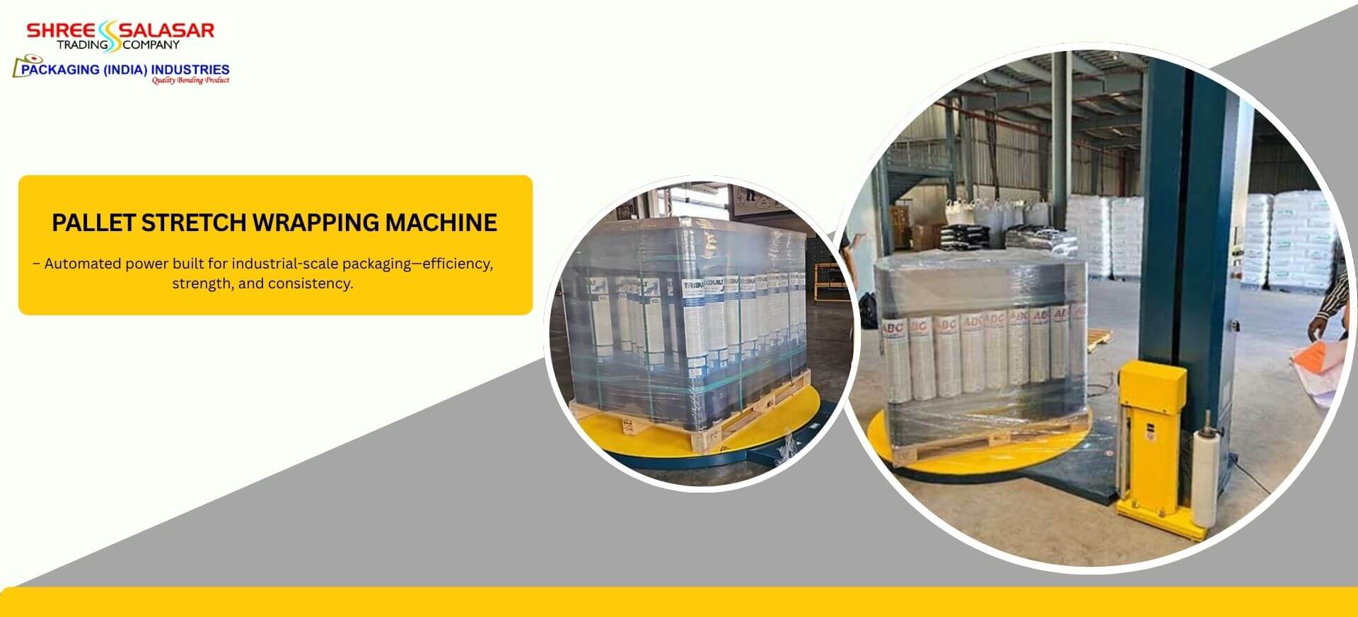 Industrial pallet stretch wrapping machine in operation for secure packaging