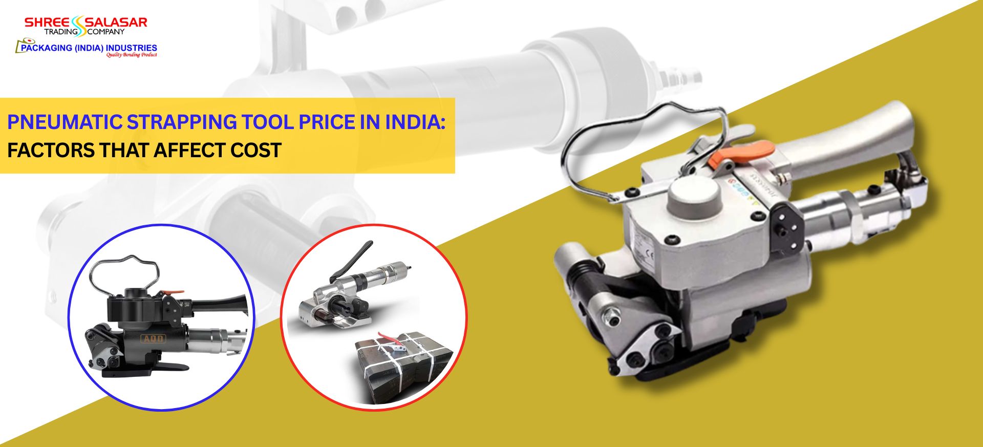 Pneumatic strapping tool for heavy-duty PET strap packaging with adjustable tension and sealing system in India