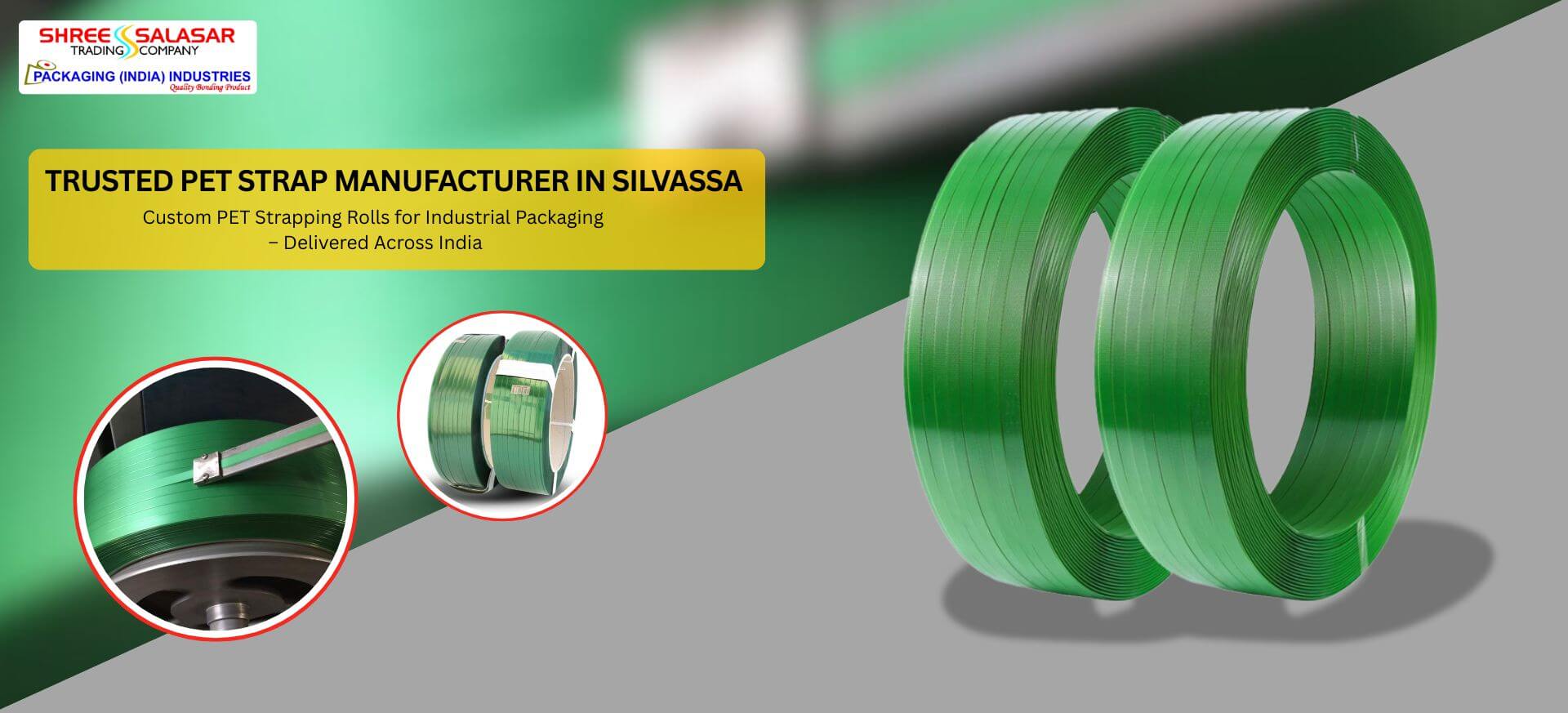 Trusted PET strap manufacturer in Silvassa offering custom PET strapping rolls for industrial packaging with PAN India delivery